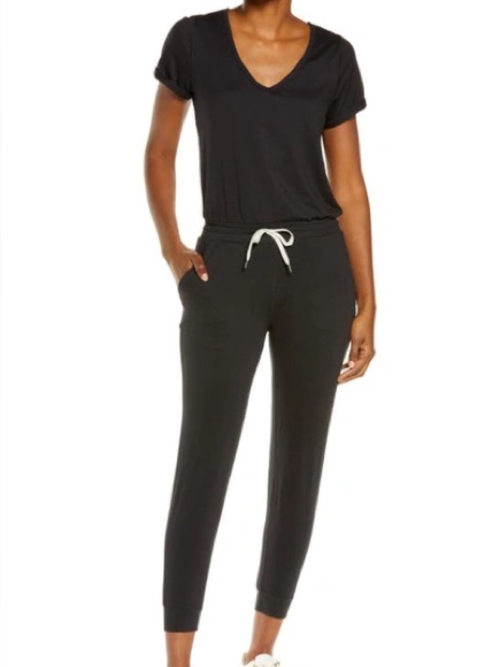 VUORI All Day Jumpsuit V-Neck Rolled Short Sleeves Drawstring Size M
